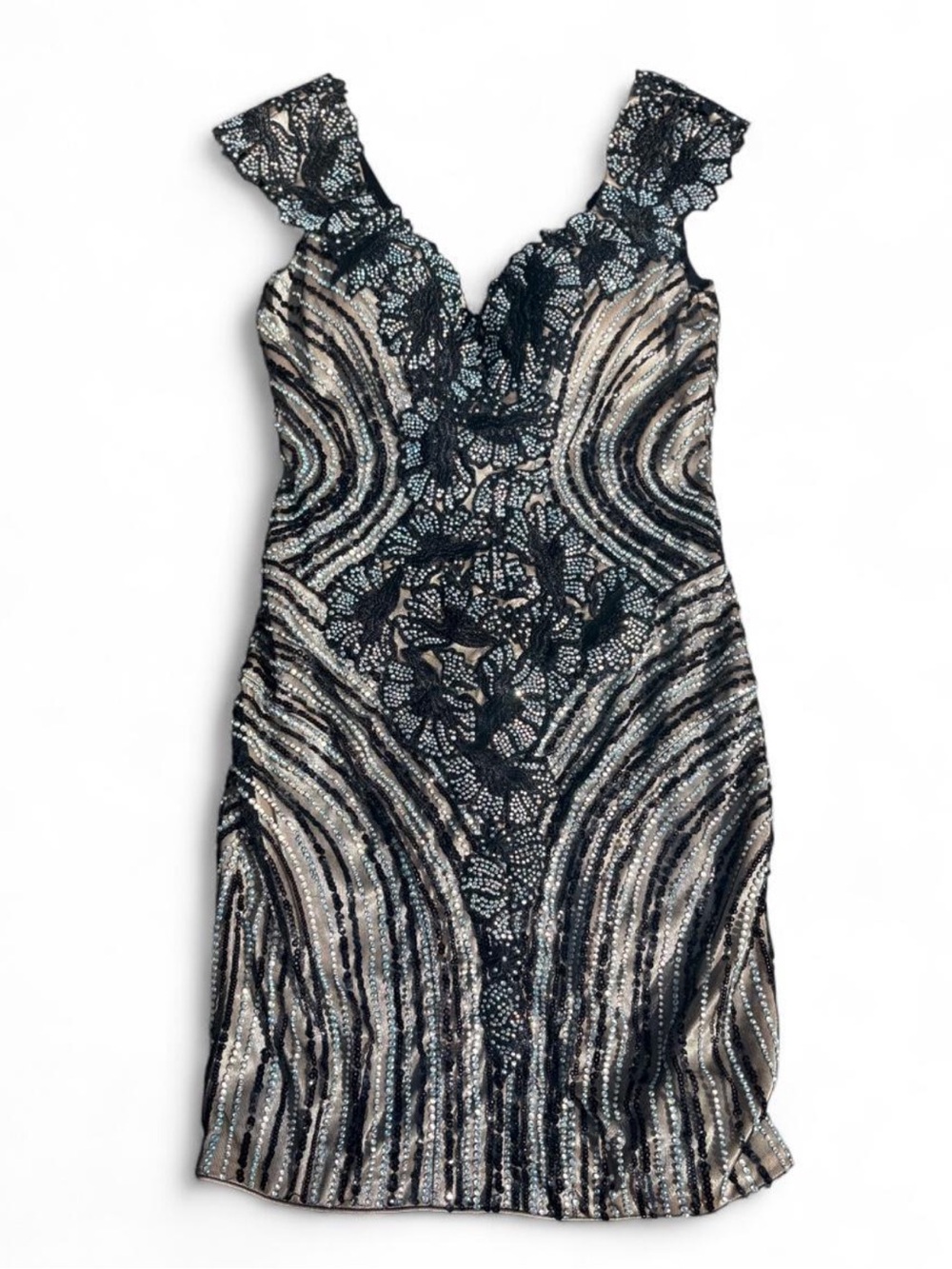 Vintage Jovani Black and Nude Lace-Overlay Sequin Cocktail Dress 2